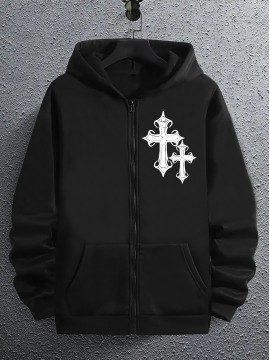 Men's Fashion Geometric Cross Print Hoodie with Comfort Pockets, Full Zip Regular Fit Polyester Knit Fabric Hooded Sweatshirt with Slight Stretch - All Season Style