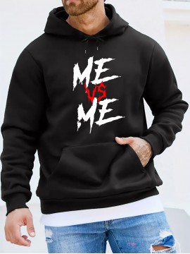 ME VS ME Print, Men's Casual and Cozy Hoodies, Trendy Long Sleeve Hooded Sweatshirt, Casual Versatile Top for Autumn Winter