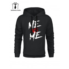 ME VS ME Print, Men's Casual and Cozy Hoodies, Trendy Long Sleeve Hooded Sweatshirt, Casual Versatile Top for Autumn Winter