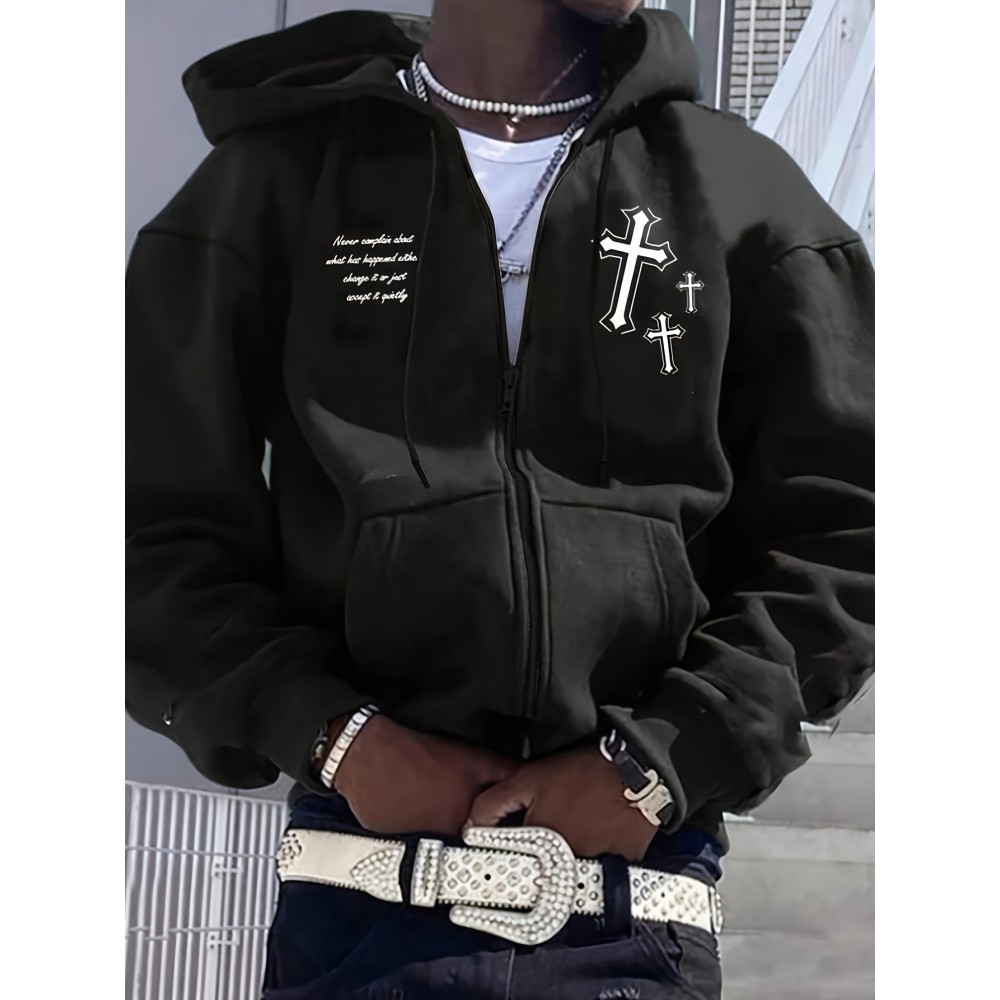 Men's Fashion Cross Print Long Sleeve Hoodie - Classic Zip-Up Design, Casual Style, Ideal For Fall And Winter
