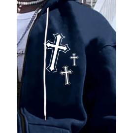 Men's Fashion Cross Print Long Sleeve Hoodie - Classic Zip-Up Design, Casual Style, Ideal For Fall And Winter